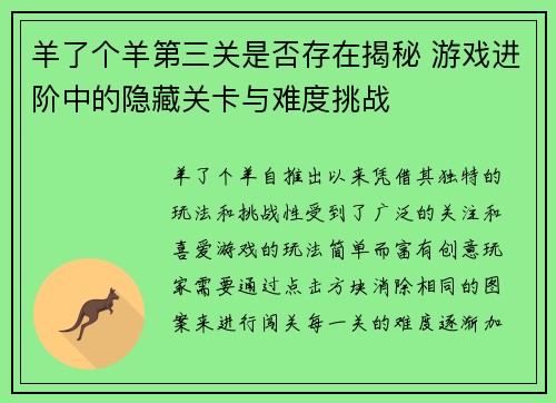 羊了个羊第三关是否存在揭秘 游戏进阶中的隐藏关卡与难度挑战
