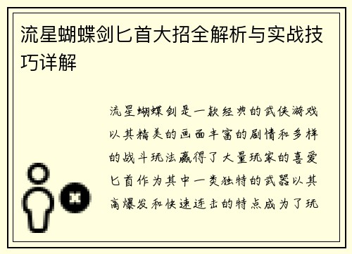 流星蝴蝶剑匕首大招全解析与实战技巧详解