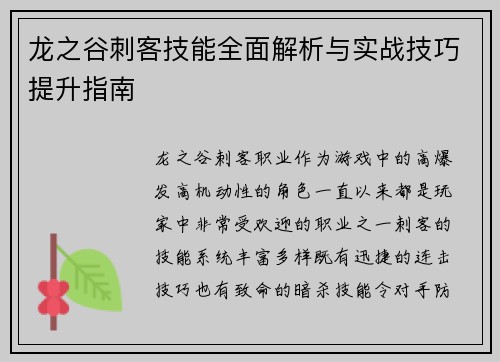 龙之谷刺客技能全面解析与实战技巧提升指南
