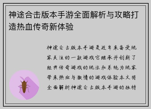 神途合击版本手游全面解析与攻略打造热血传奇新体验